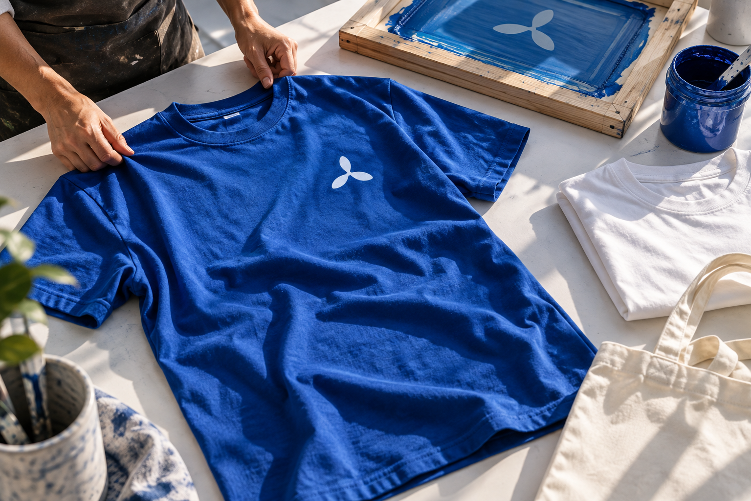 Royal blue printed shirt and white apparel on a sunlit print studio table